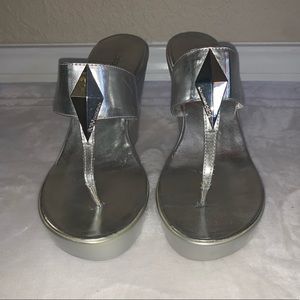 BCBG Silver Wedge Sandals.